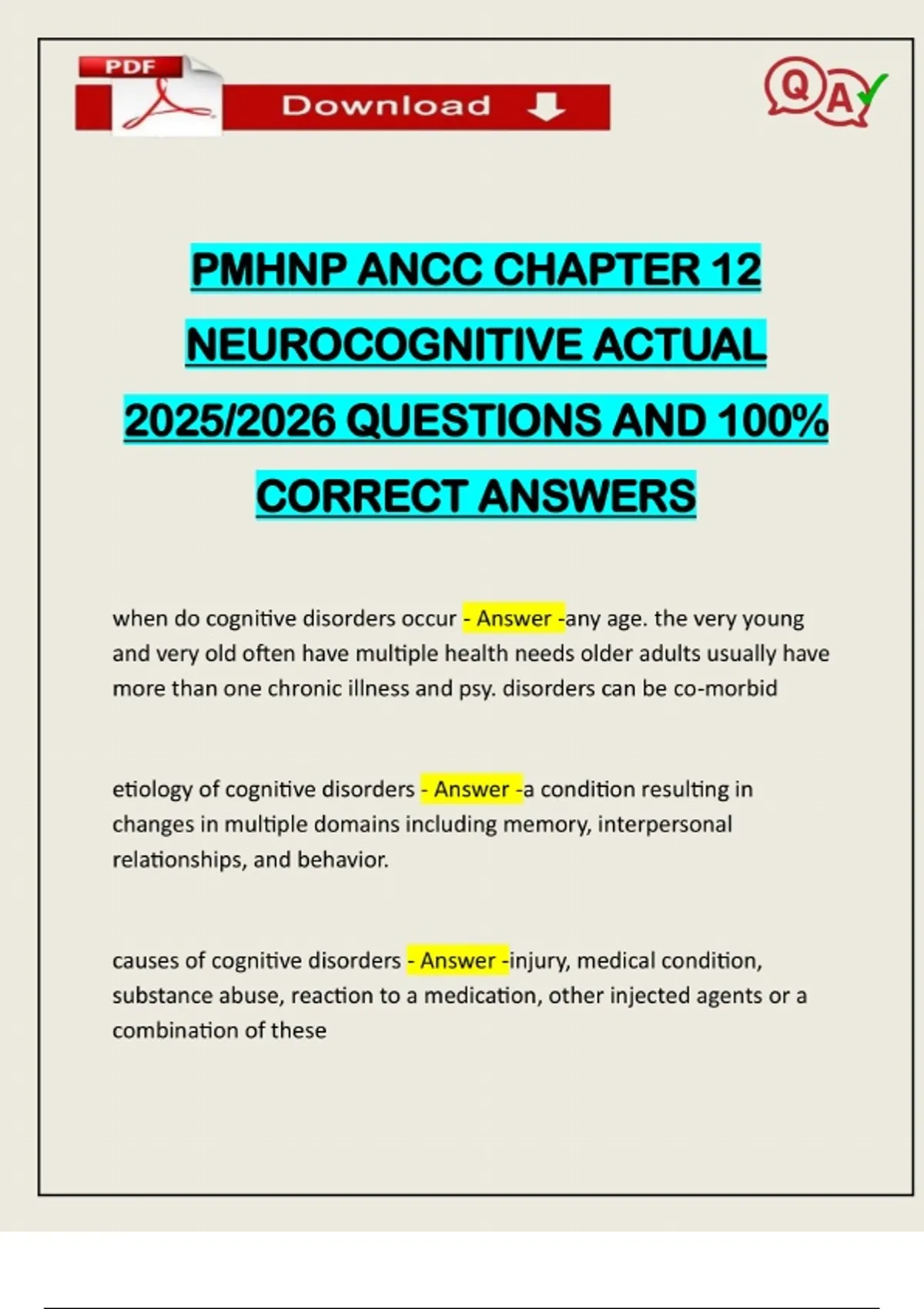 PMHNP ANCC CHAPTER 12 NEUROCOGNITIVE ACTUAL 2025/2026 QUESTIONS AND 100 ...