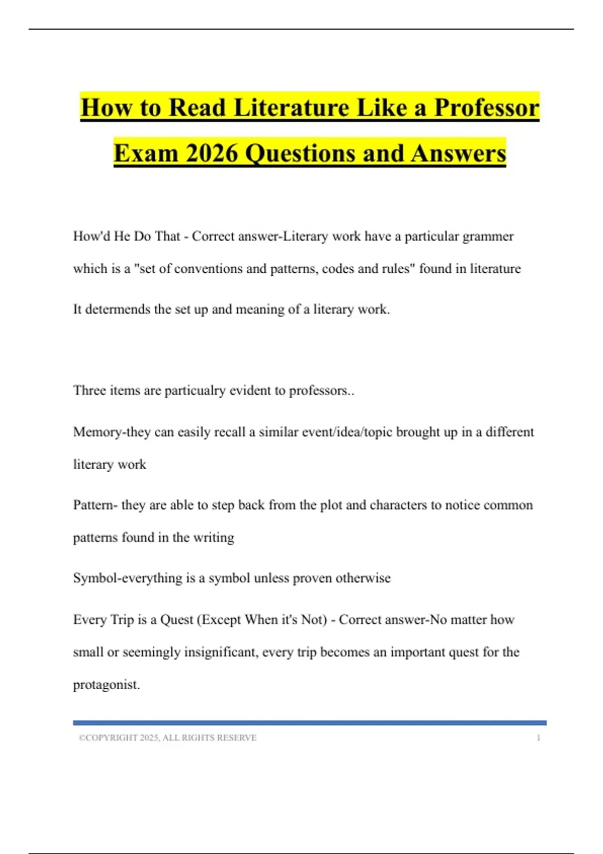 How to Read Literature Like a Professor Exam 2026 Questions and Answers ...