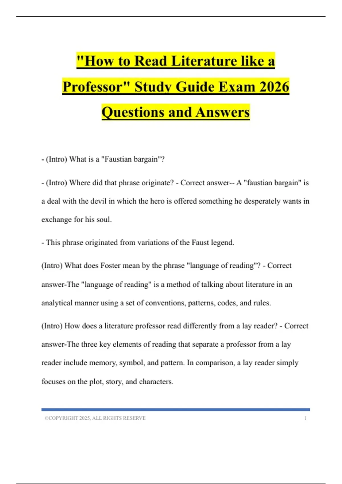 "How to Read Literature like a Professor" Study Guide Exam 2026 ...