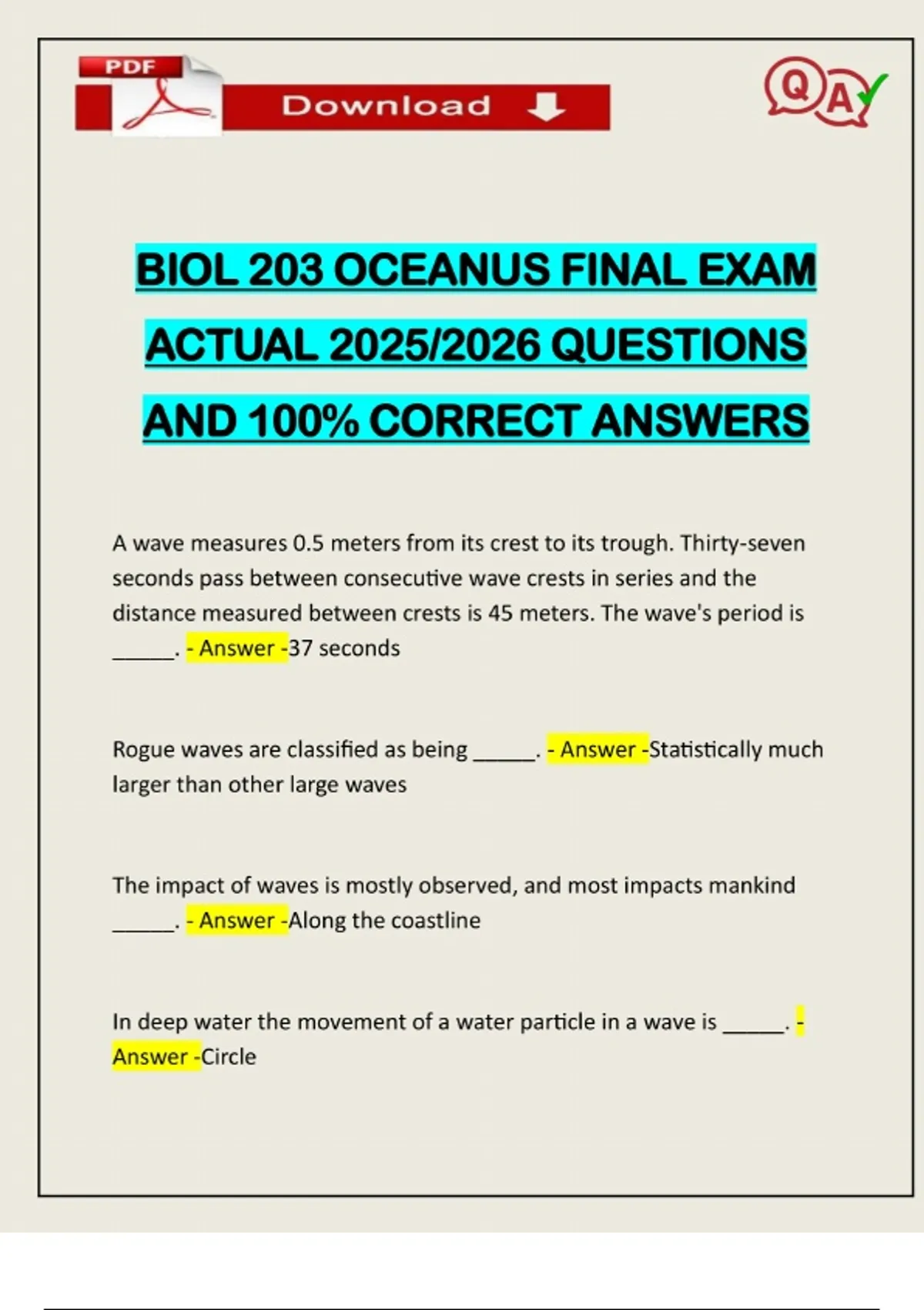 BIOL 203 OCEANUS FINAL EXAM ACTUAL 2025/2026 QUESTIONS AND 100% CORRECT ...