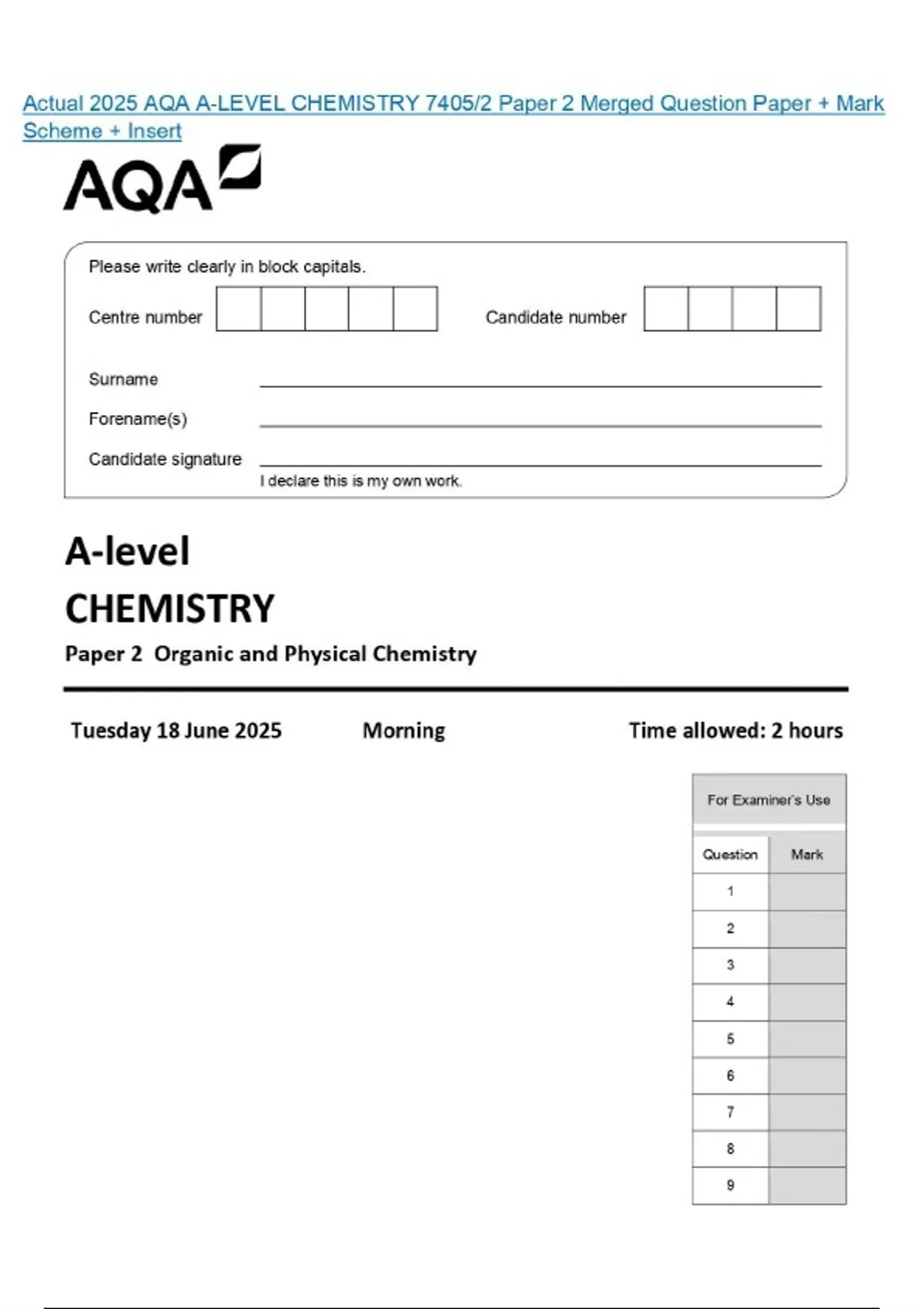 Actual 2025 AQA A-LEVEL CHEMISTRY 7405/2 Paper 2 Merged Question Paper ...