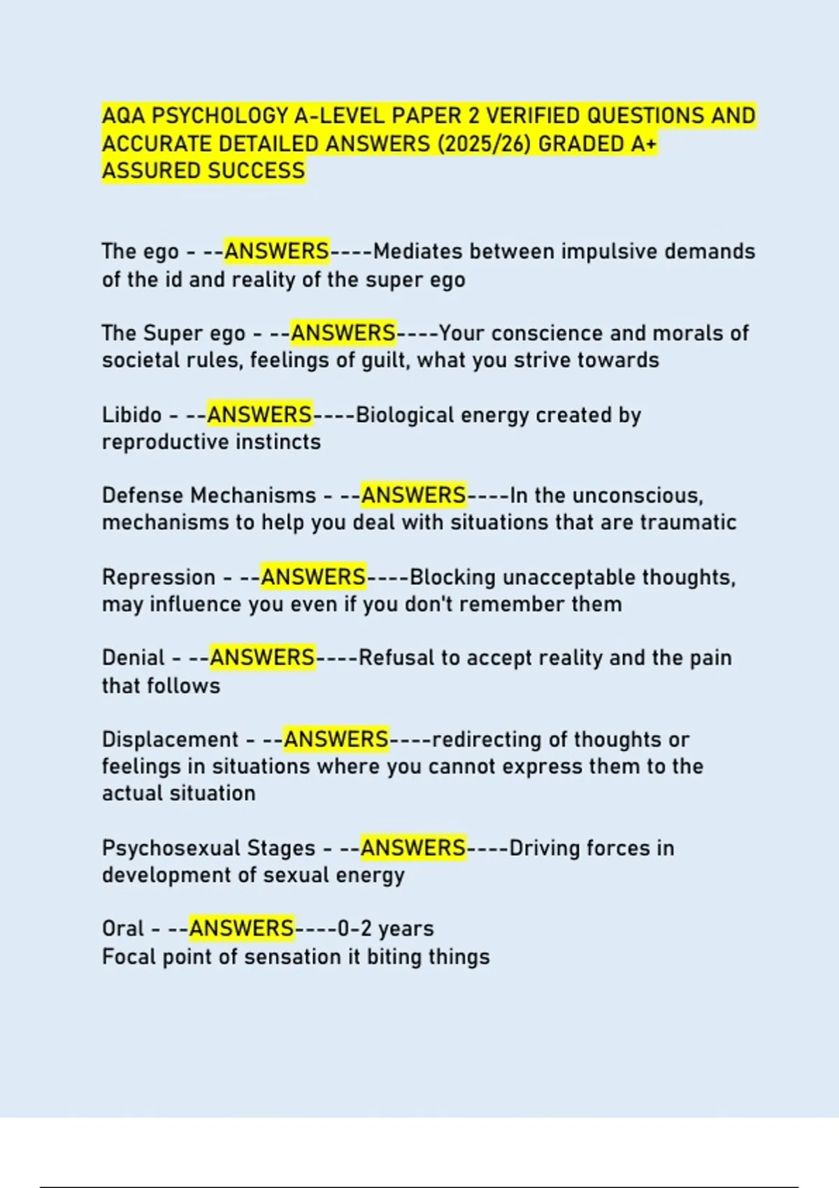 AQA PSYCHOLOGY A-LEVEL PAPER 2 VERIFIED QUESTIONS AND ACCURATE DETAILED ...