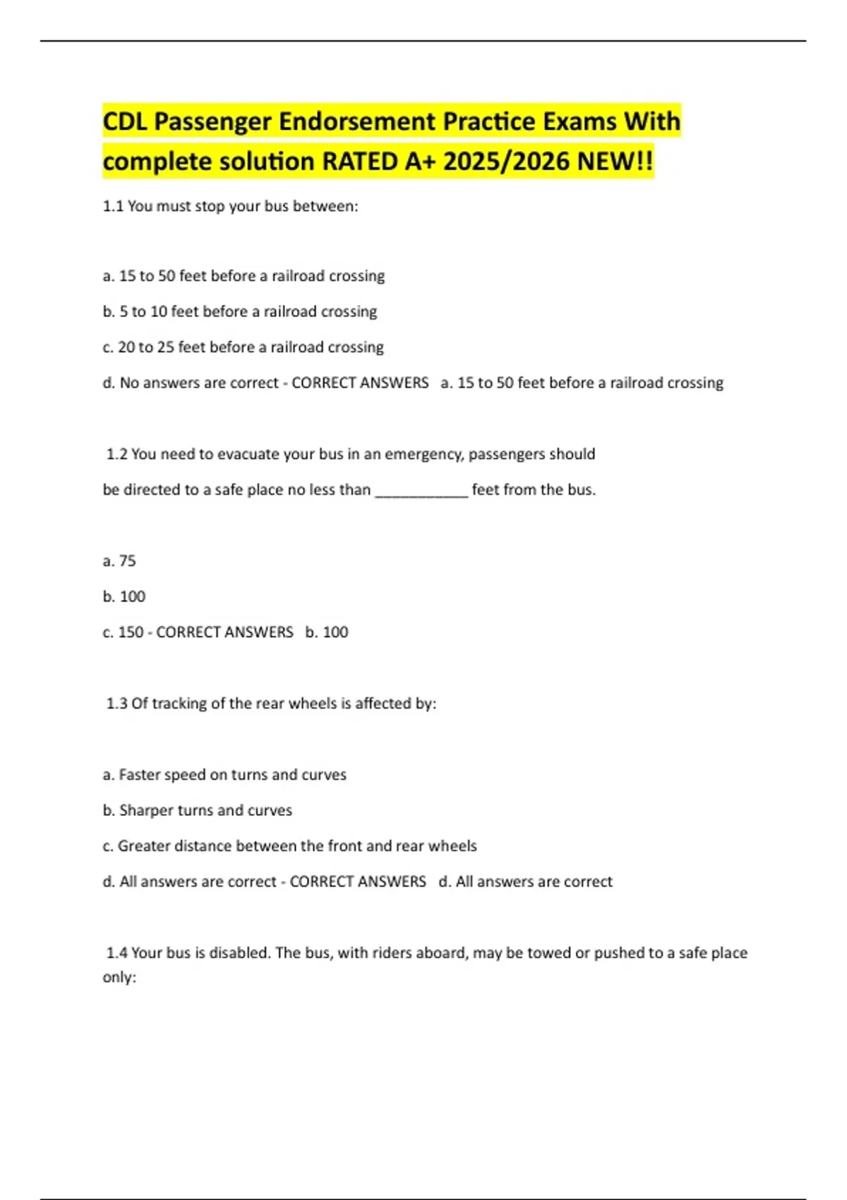 CDL Passenger Endorsement Practice Exams With complete solution RATED ...