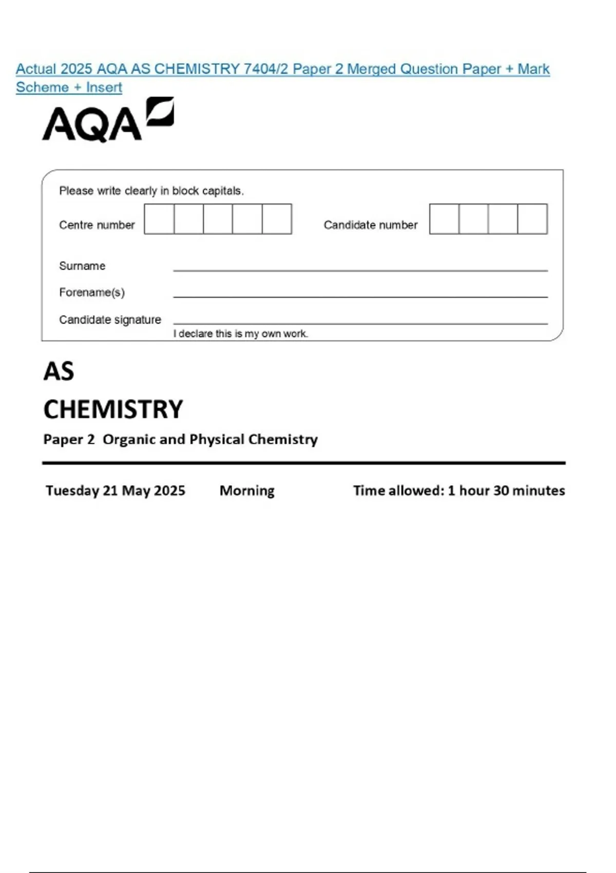 Actual 2025 AQA AS CHEMISTRY 7404/2 Paper 2 Merged Question Paper ...