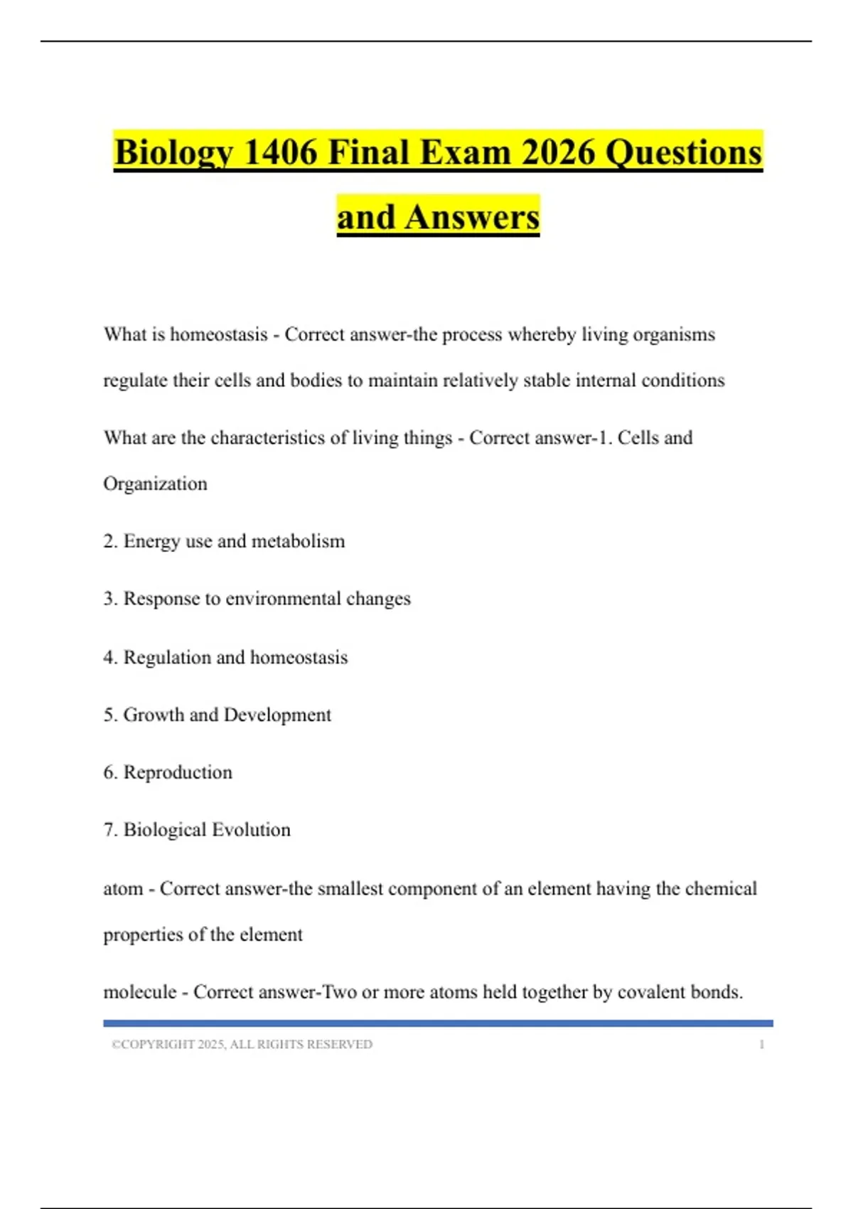 Biology 1406 Final Exam 2026 Questions and Answers - Biology 1406 ...