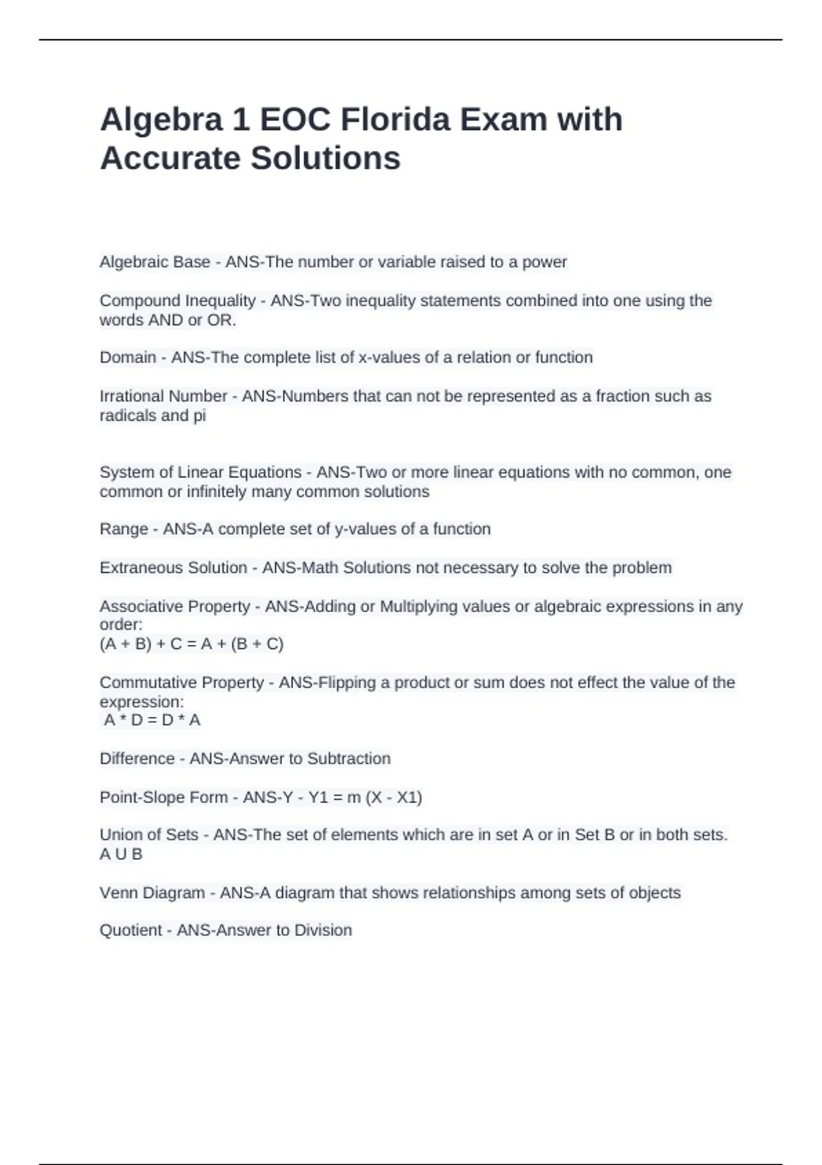 Algebra 1 EOC Florida Exam with Accurate Solutions - EOC - Stuvia US