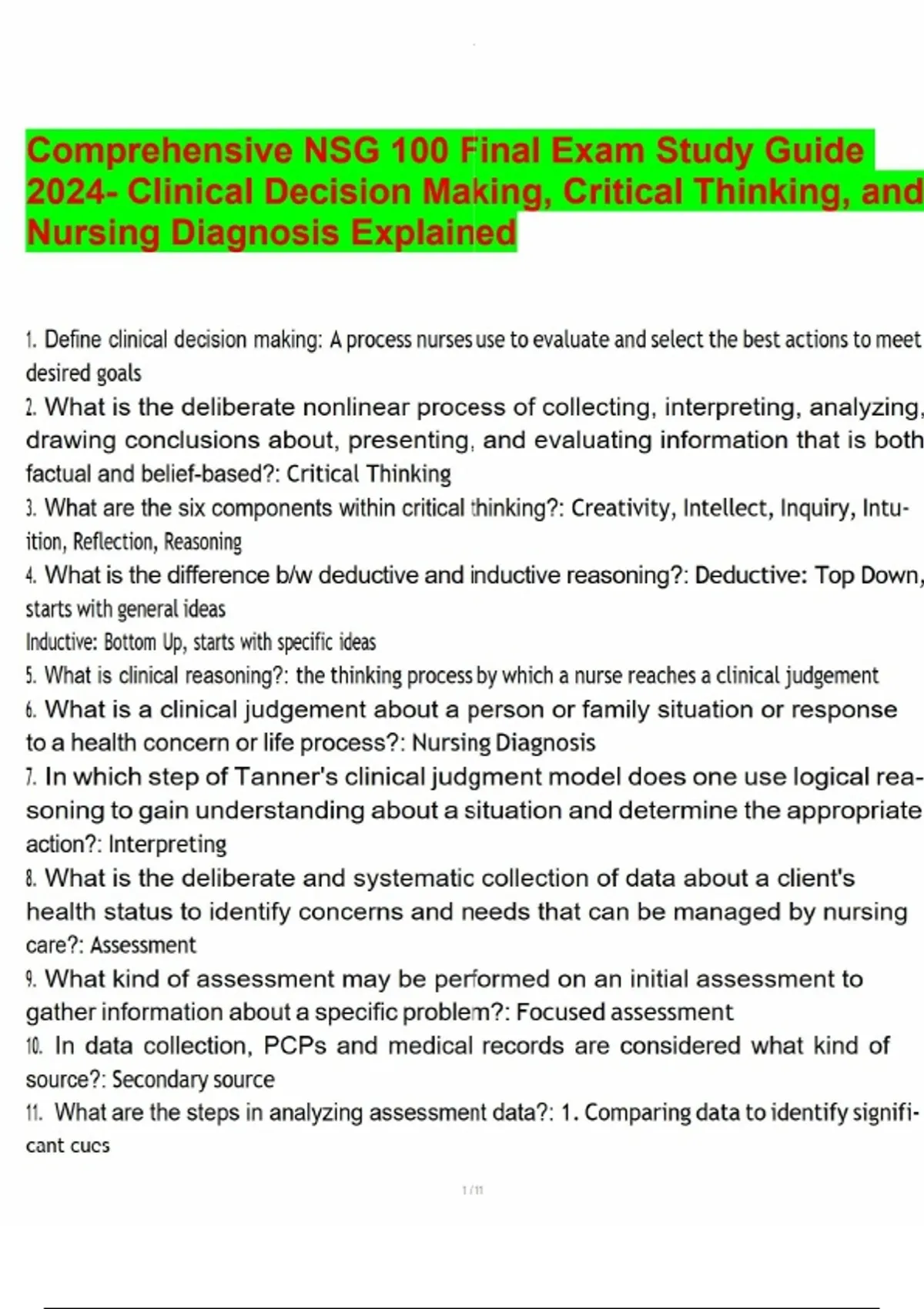 Comprehensive NSG 100 Final Exam Study Guide 2024- Clinical Decision ...
