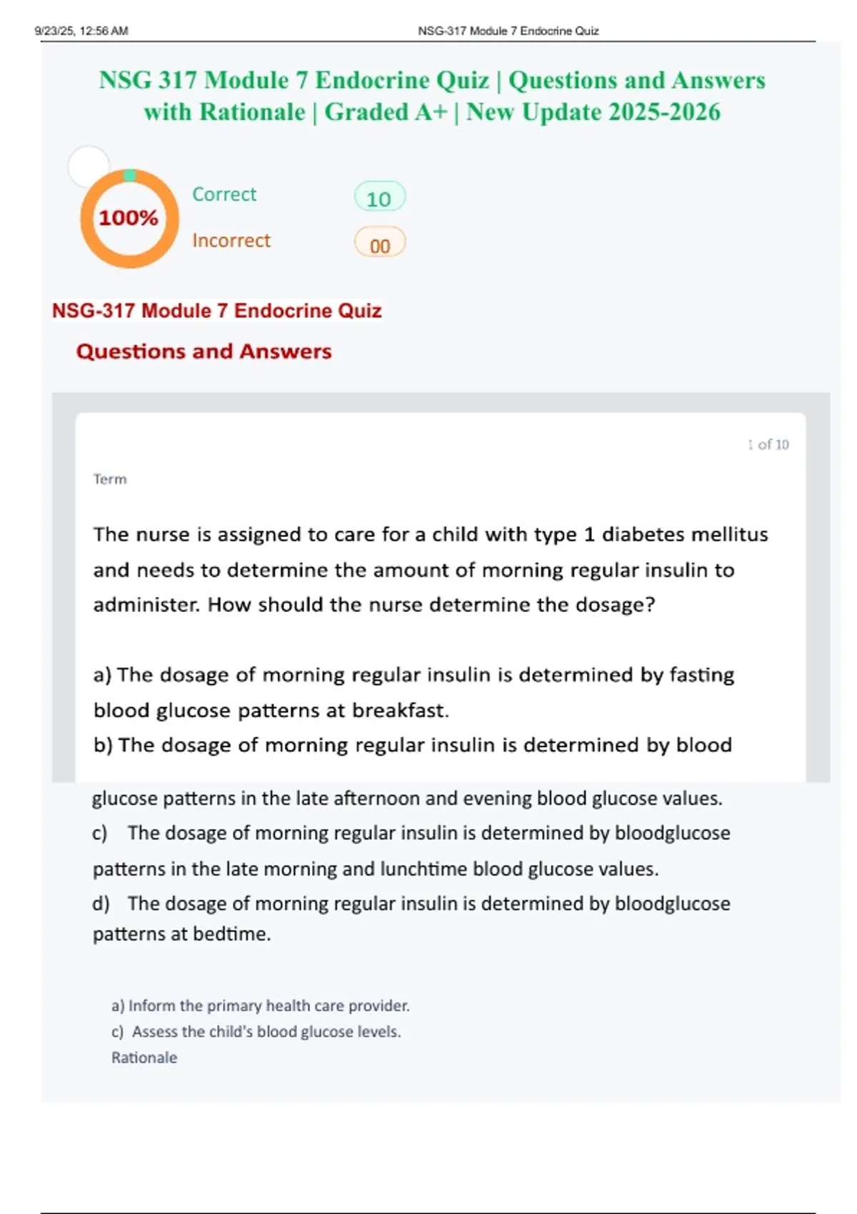 NSG 317 Module 7 Endocrine Quiz | Questions and Answers with Rationale ...