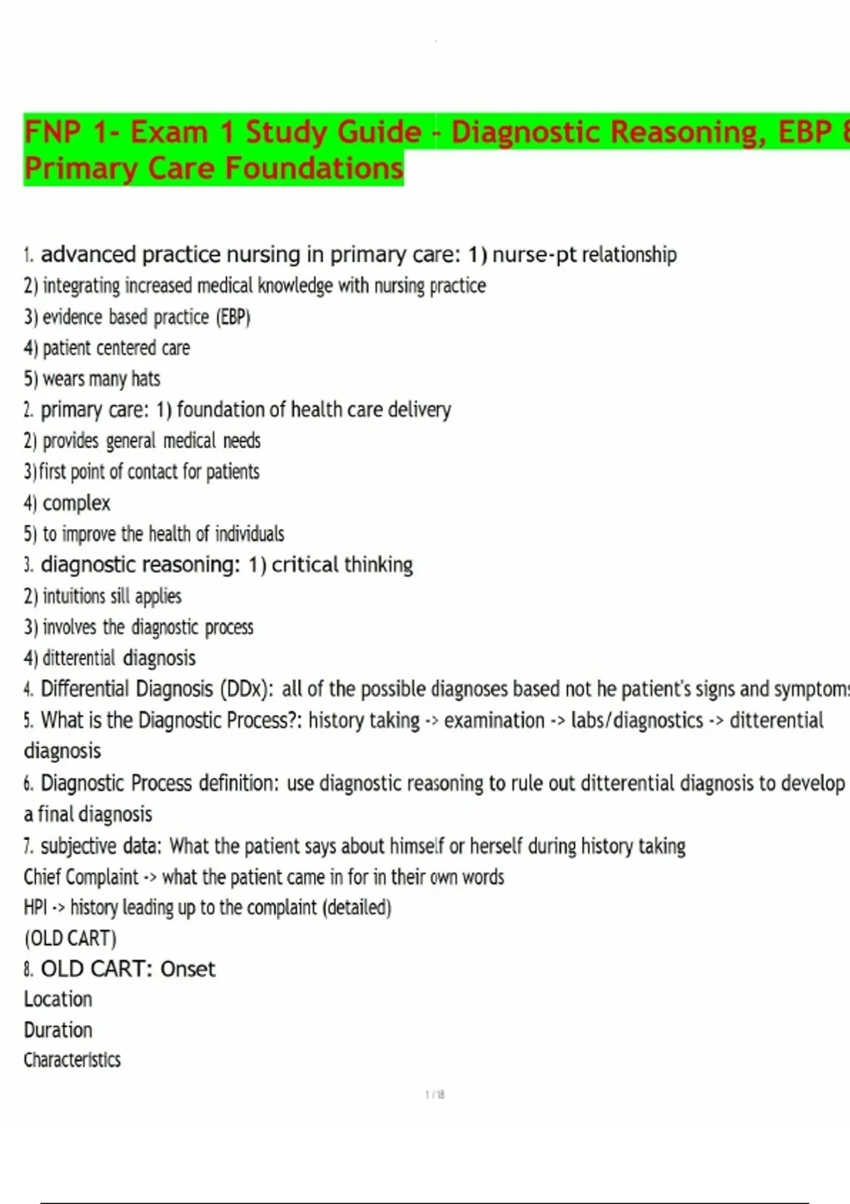 FNP 1- Exam 1 Study Guide – Diagnostic Reasoning, EBP & Primary Care ...