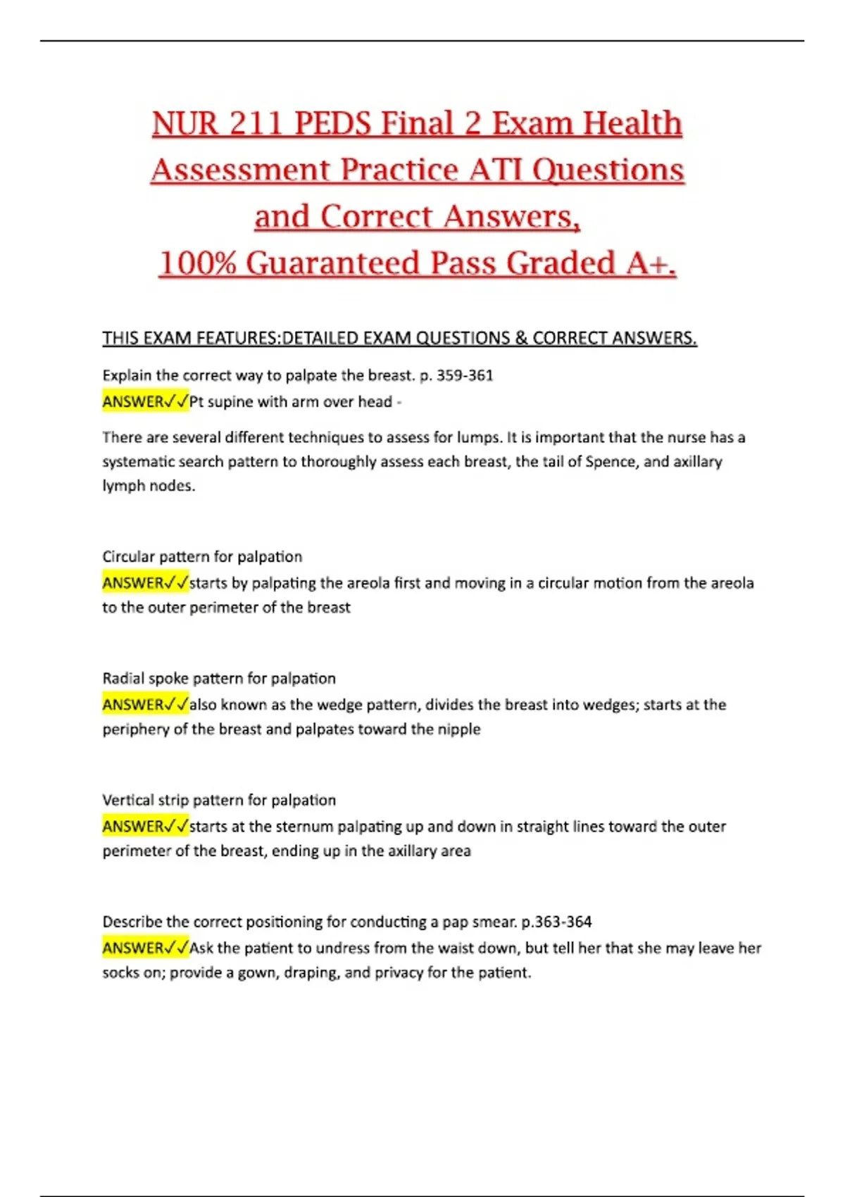 NUR 211 PEDS Final 2 Exam Health Assessment Practice ATI Questions and ...