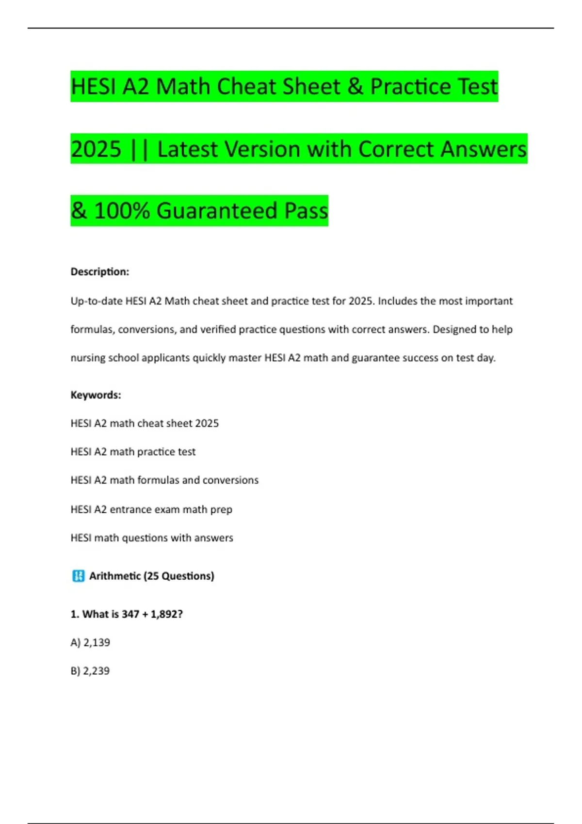 HESI A2 Math Cheat Sheet & Practice Test 2025 || Latest Version with ...