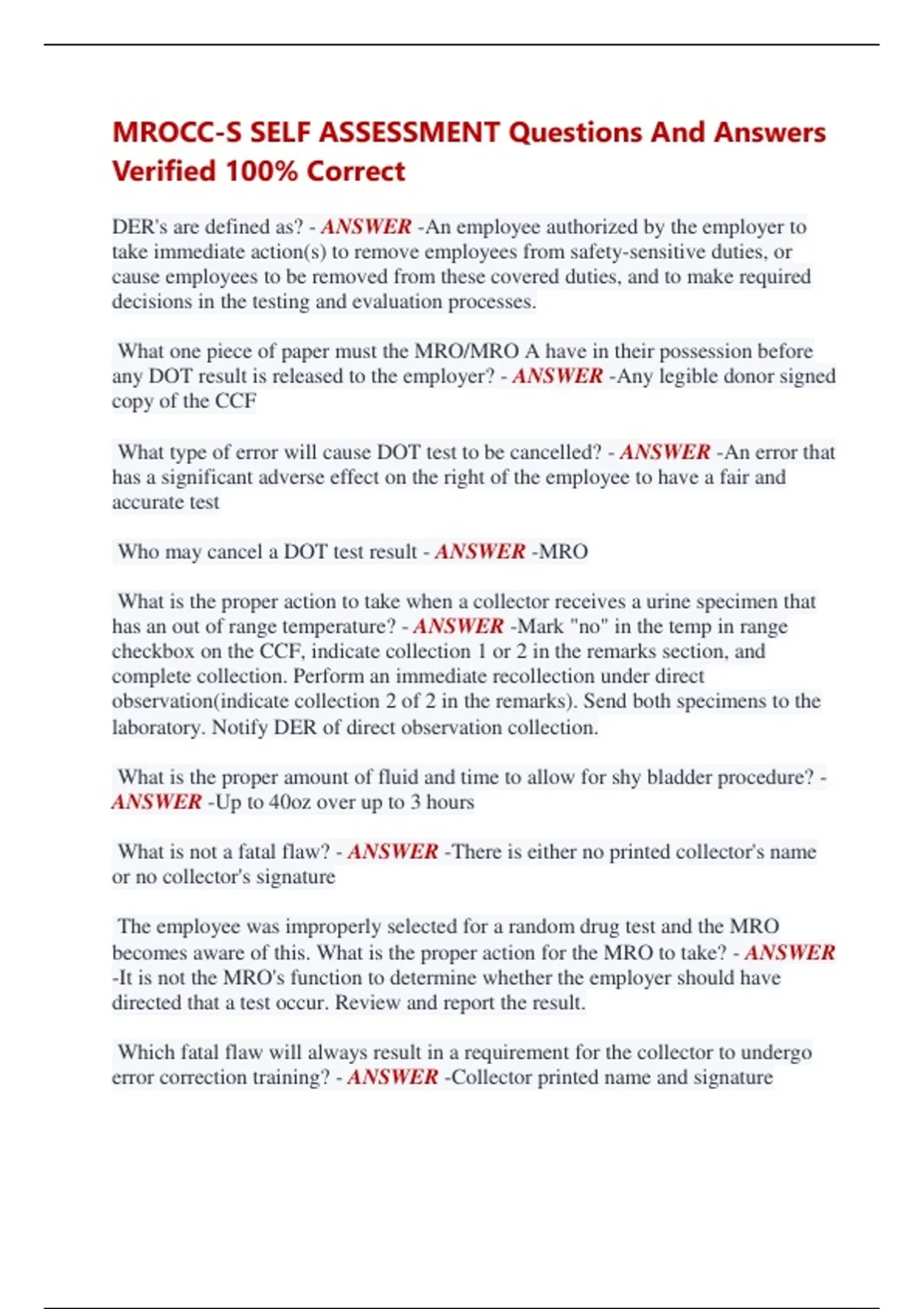 Mrocc MROCC-S SELF ASSESSMENT Questions And Answers Verified 100% Correct ...