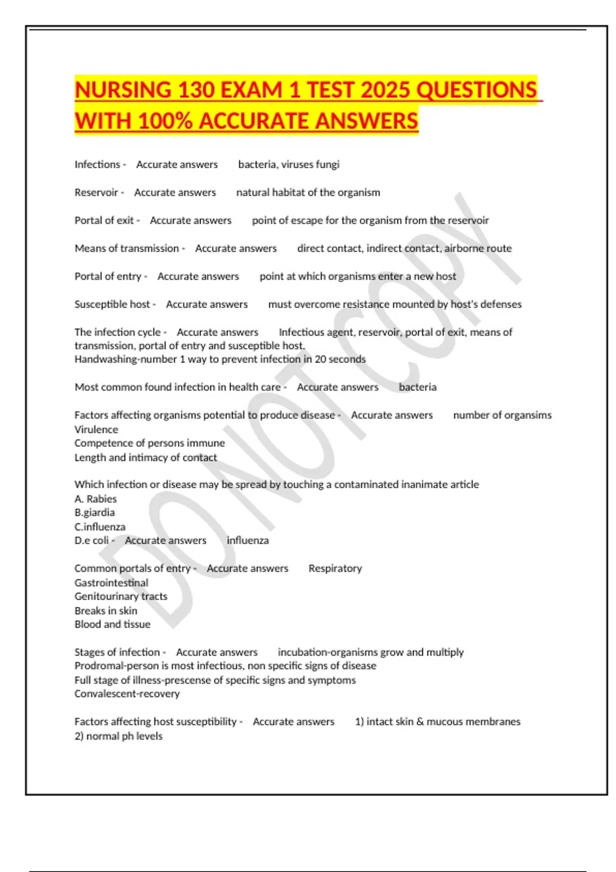NURSING 130 EXAM 1 TEST 2025 QUESTIONS WITH 100% ACCURATE ANSWERS ...