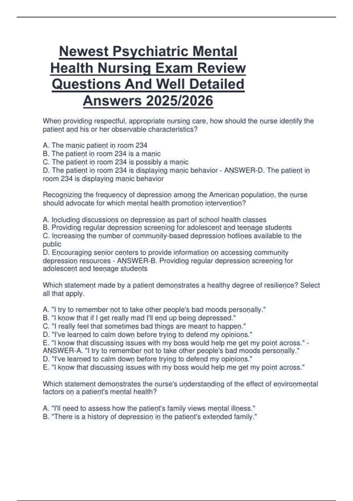 Newest Psychiatric Mental Health Nursing Exam Review Questions And Well ...