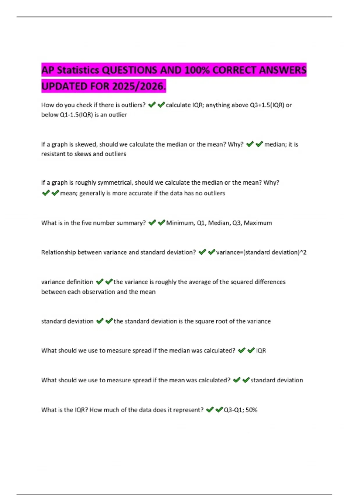 AP Statistics QUESTIONS AND 100% CORRECT ANSWERS UPDATED FOR 2025/2026 ...