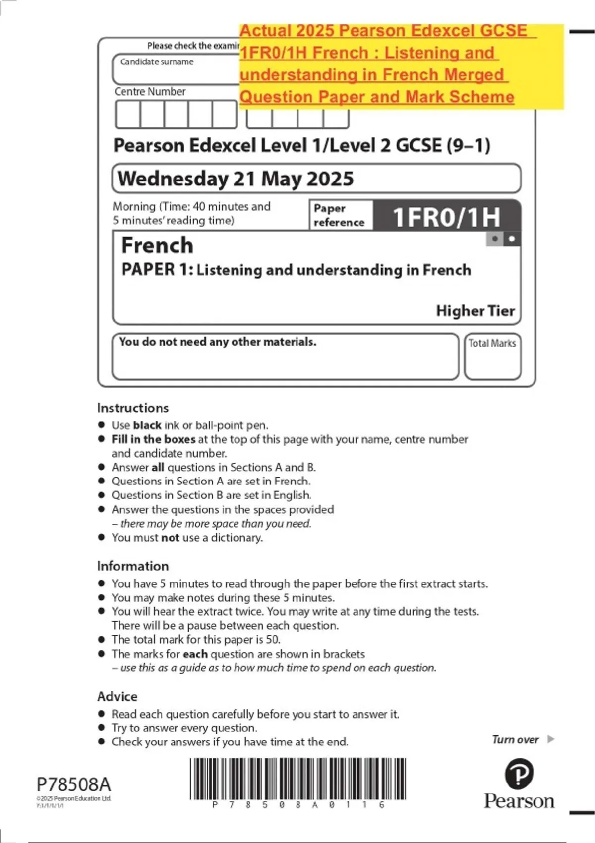 Actual 2025 Pearson Edexcel GCSE 1FR0/1H French : Listening and ...
