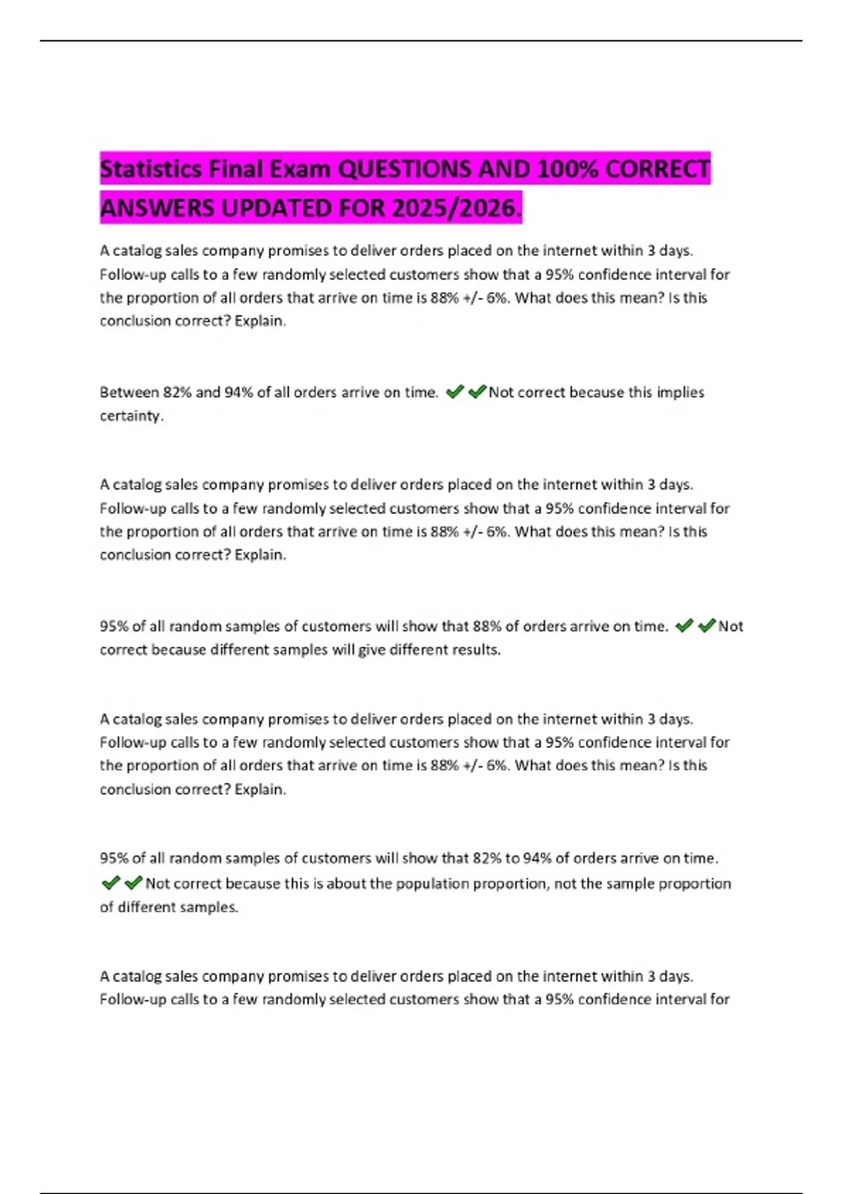 Statistics Final Exam QUESTIONS AND 100% CORRECT ANSWERS UPDATED FOR ...