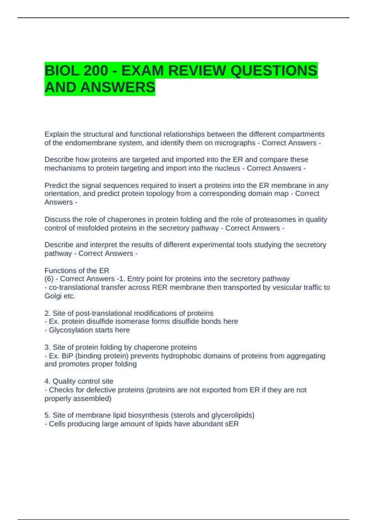 BIOL 200 - EXAM REVIEW QUESTIONS AND ANSWERS - BIO 200 - Stuvia US