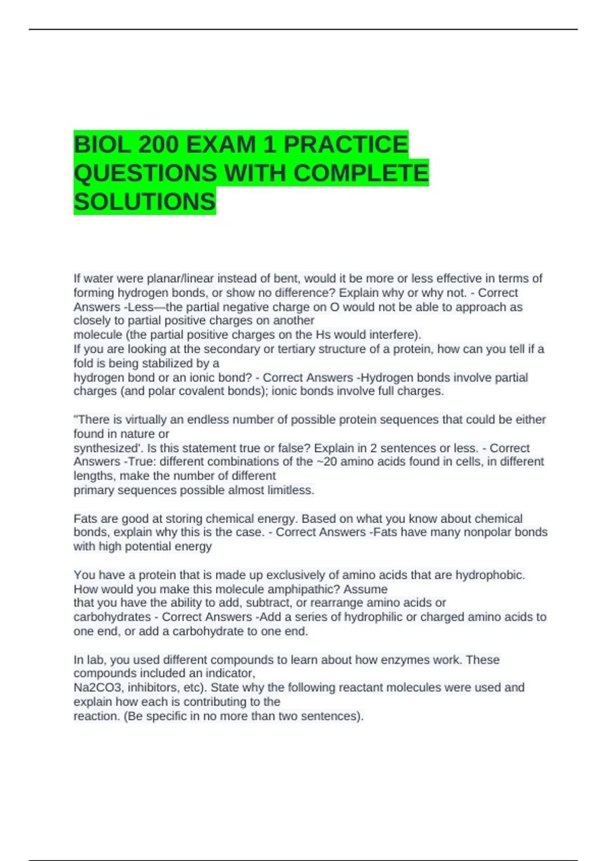 BIOL 200 EXAM 1 PRACTICE QUESTIONS WITH COMPLETE SOLUTIONS - BIO 200 ...