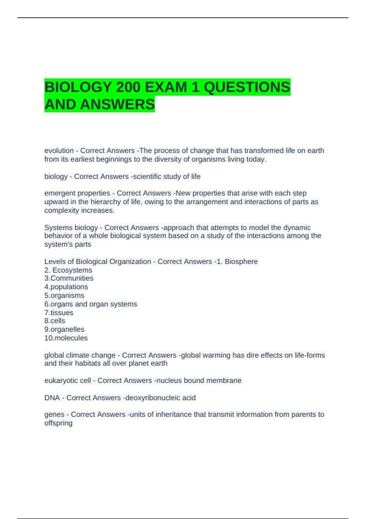 BIOLOGY 200 EXAM 1 QUESTIONS AND ANSWERS - BIO 200 - Stuvia US