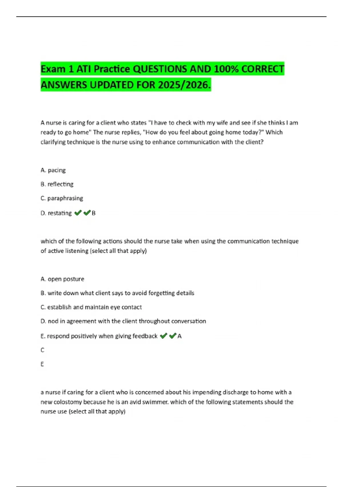 Exam 1 ATI Practice QUESTIONS AND 100% CORRECT ANSWERS UPDATED FOR 2025 ...