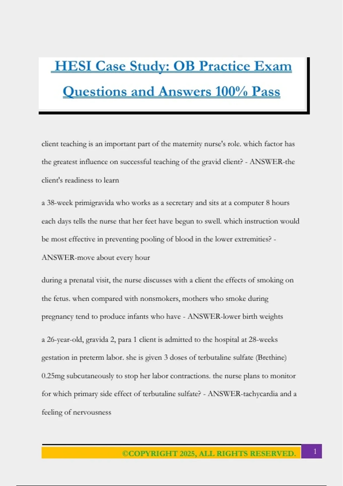 HESI Case Study: OB Practice Exam Questions and Answers 100% Pass - OB ...