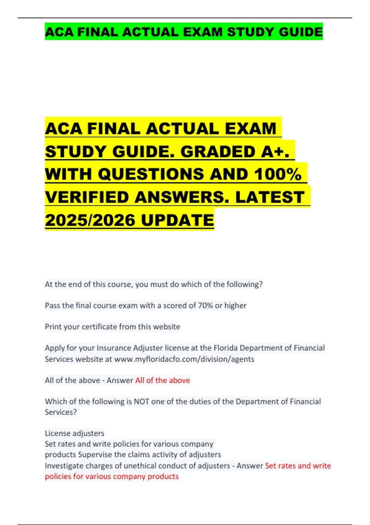ACA FINAL ACTUAL EXAM STUDY GUIDE. GRADED A+. WITH QUESTIONS AND 100% ...