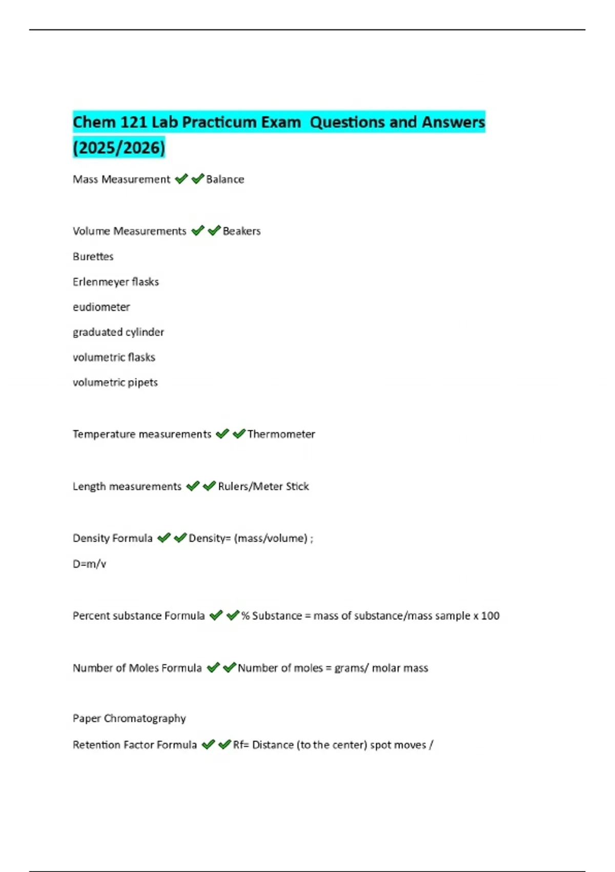 Chem Lab Questions Chem 121 Lab Practicum Exam Questions and Answers (2025/2026) - CHEM ...