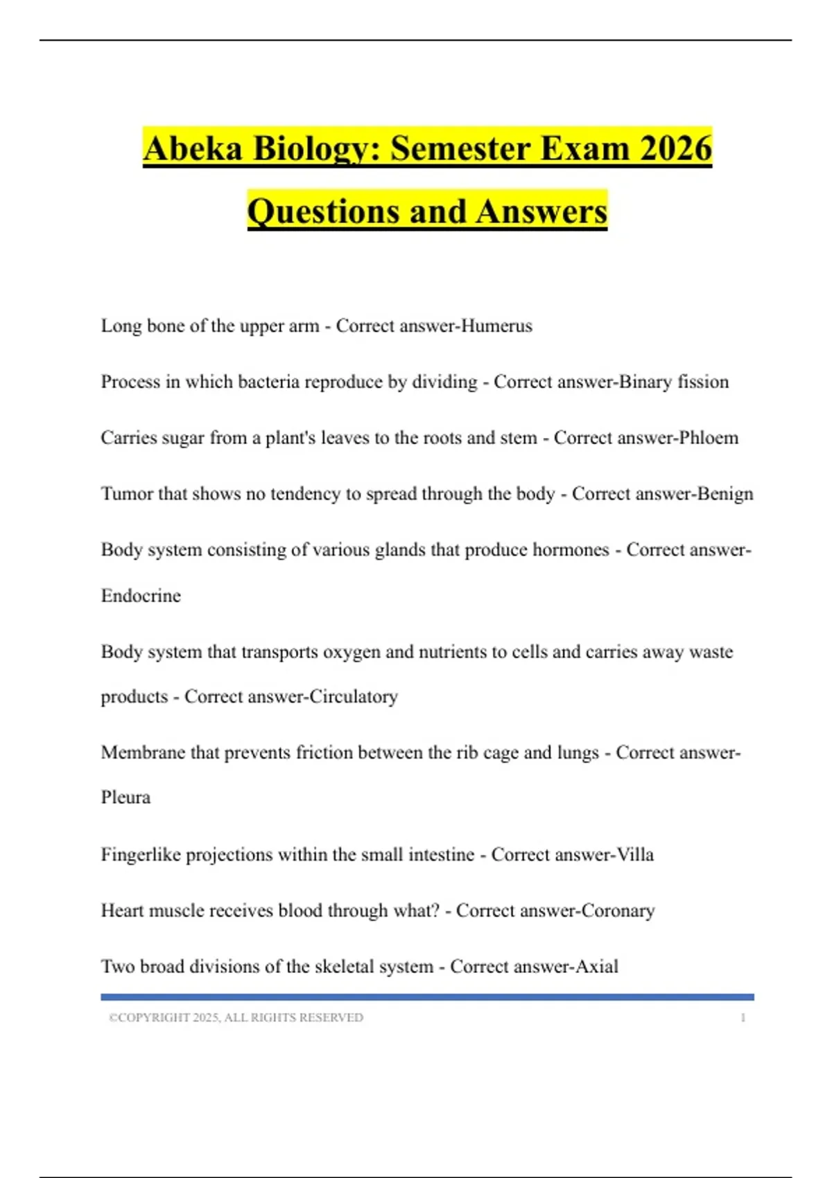 Abeka Biology: Semester Exam 2026 Questions and Answers - Abeka Biology ...