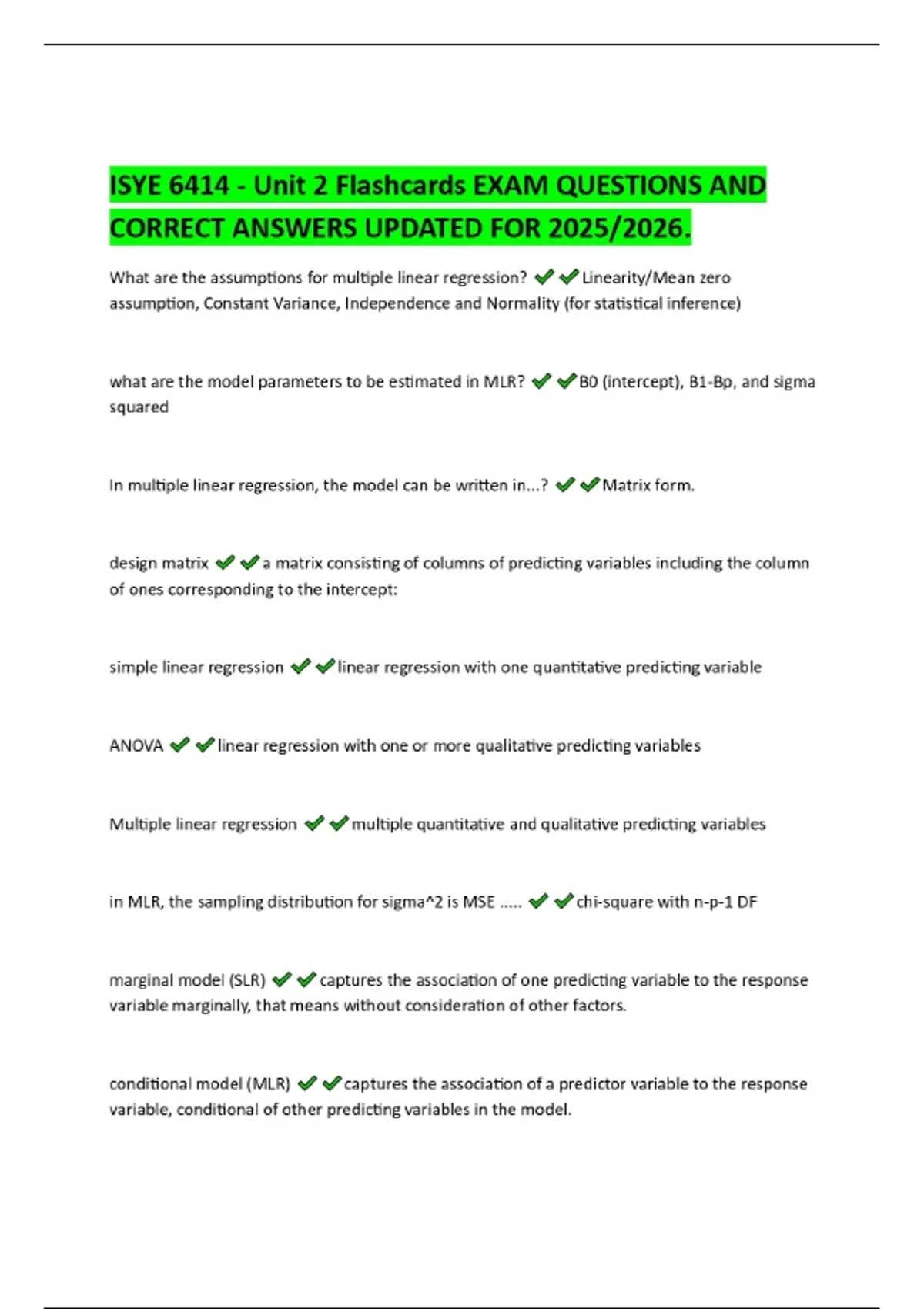 ISYE 6414 - Unit 2 Flashcards EXAM QUESTIONS AND CORRECT ANSWERS ...