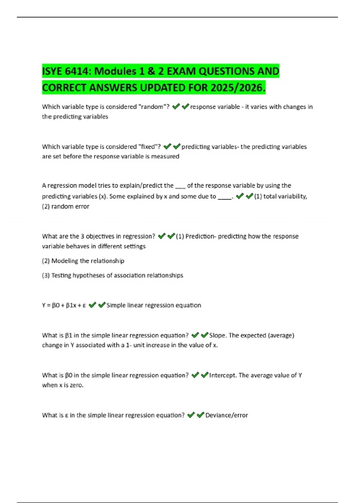 ISYE 6414: Modules 1 & 2 EXAM QUESTIONS AND CORRECT ANSWERS UPDATED FOR ...