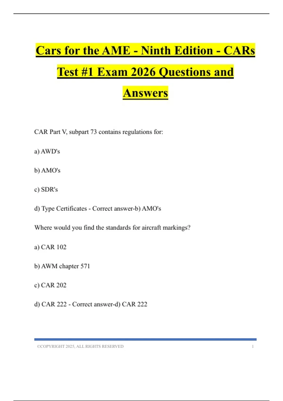 Cars for the AME - Ninth Edition - CARs Test #1 Exam 2026 Questions and Answers - CARs Mega ...