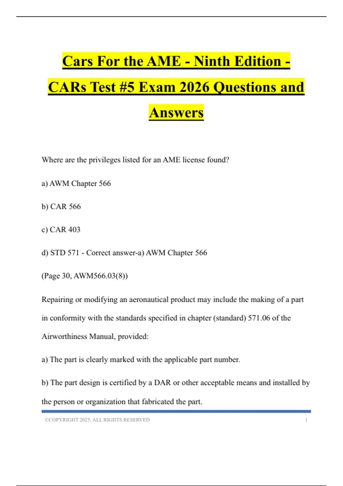 Cars For the AME - Ninth Edition - CARs Test #5 Exam 2026 Questions and ...