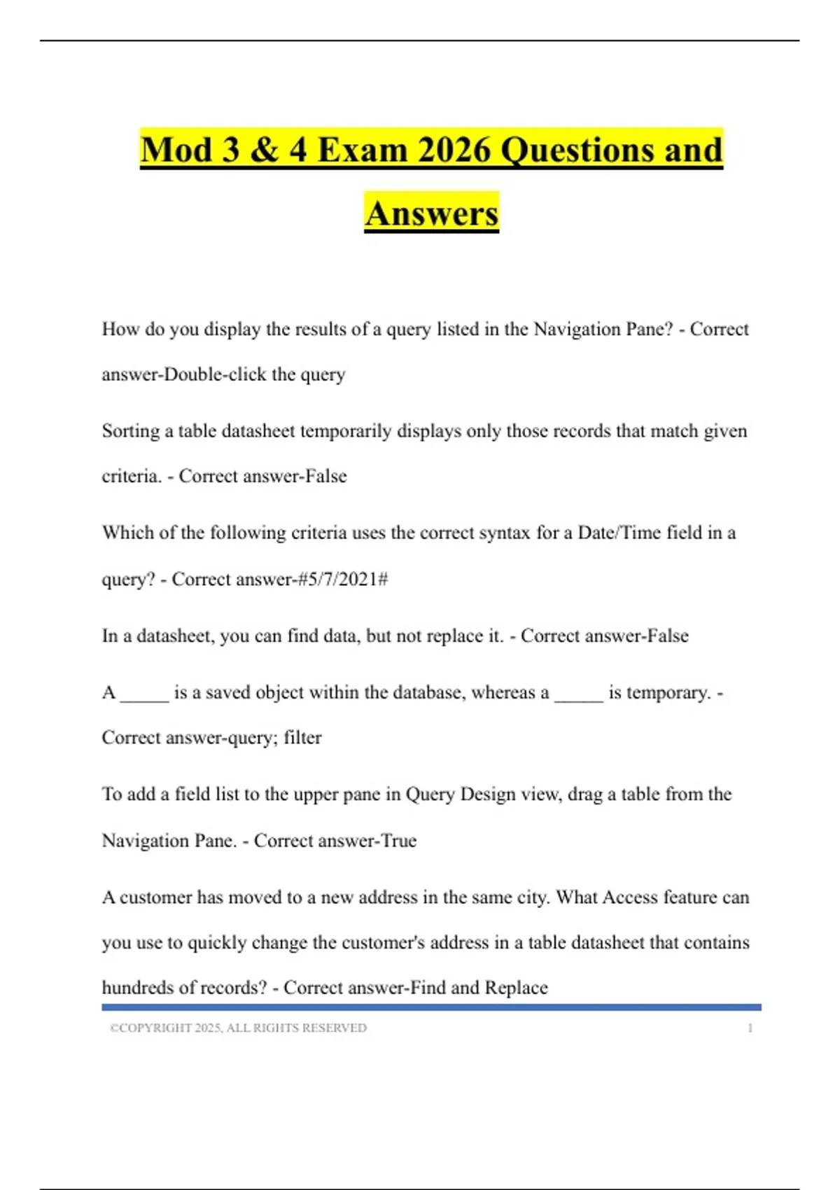 Mod 3 & 4 Exam 2026 Questions and Answers - CARs Mega - Stuvia US