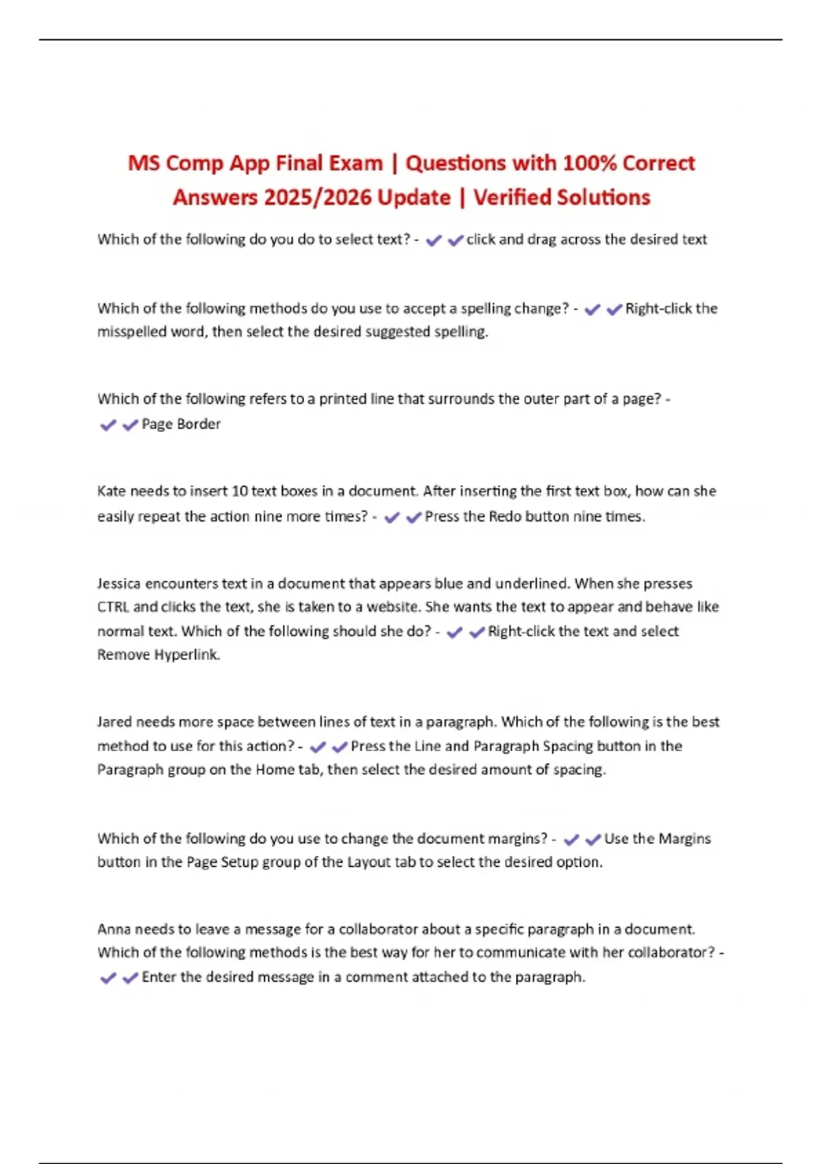 MS Comp App Final Exam | Questions with 100% Correct Answers 2025/2026 ...
