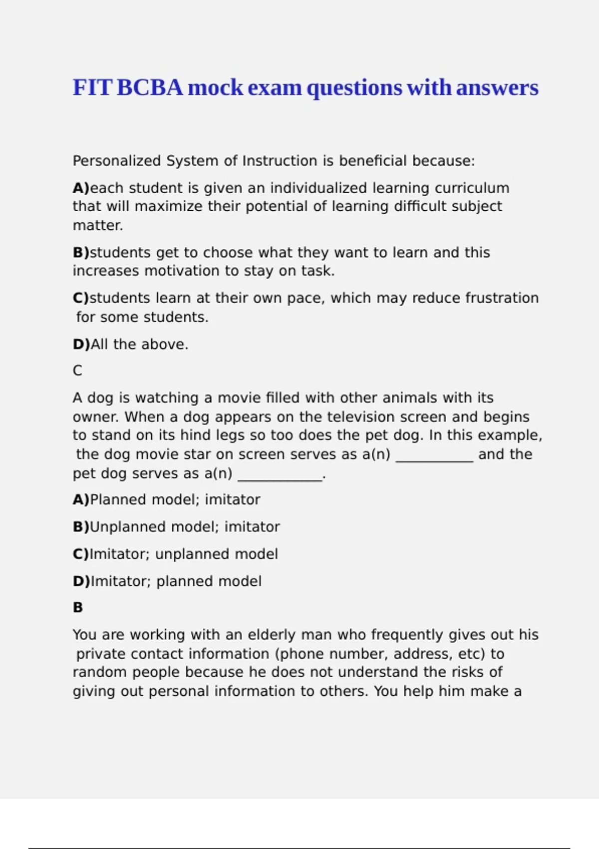 FIT BCBA mock exam questions with answers - BCBA - Stuvia US