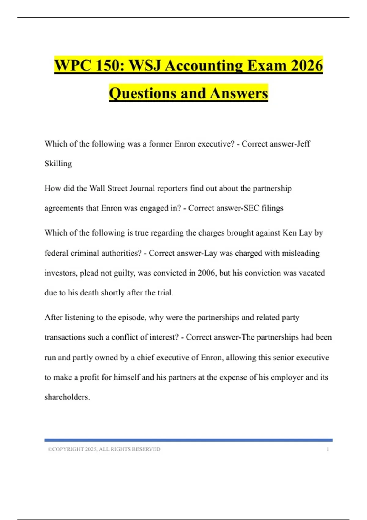 WPC 150: WSJ Accounting Exam 2026 Questions and Answers - WPC 150: WSJ ...