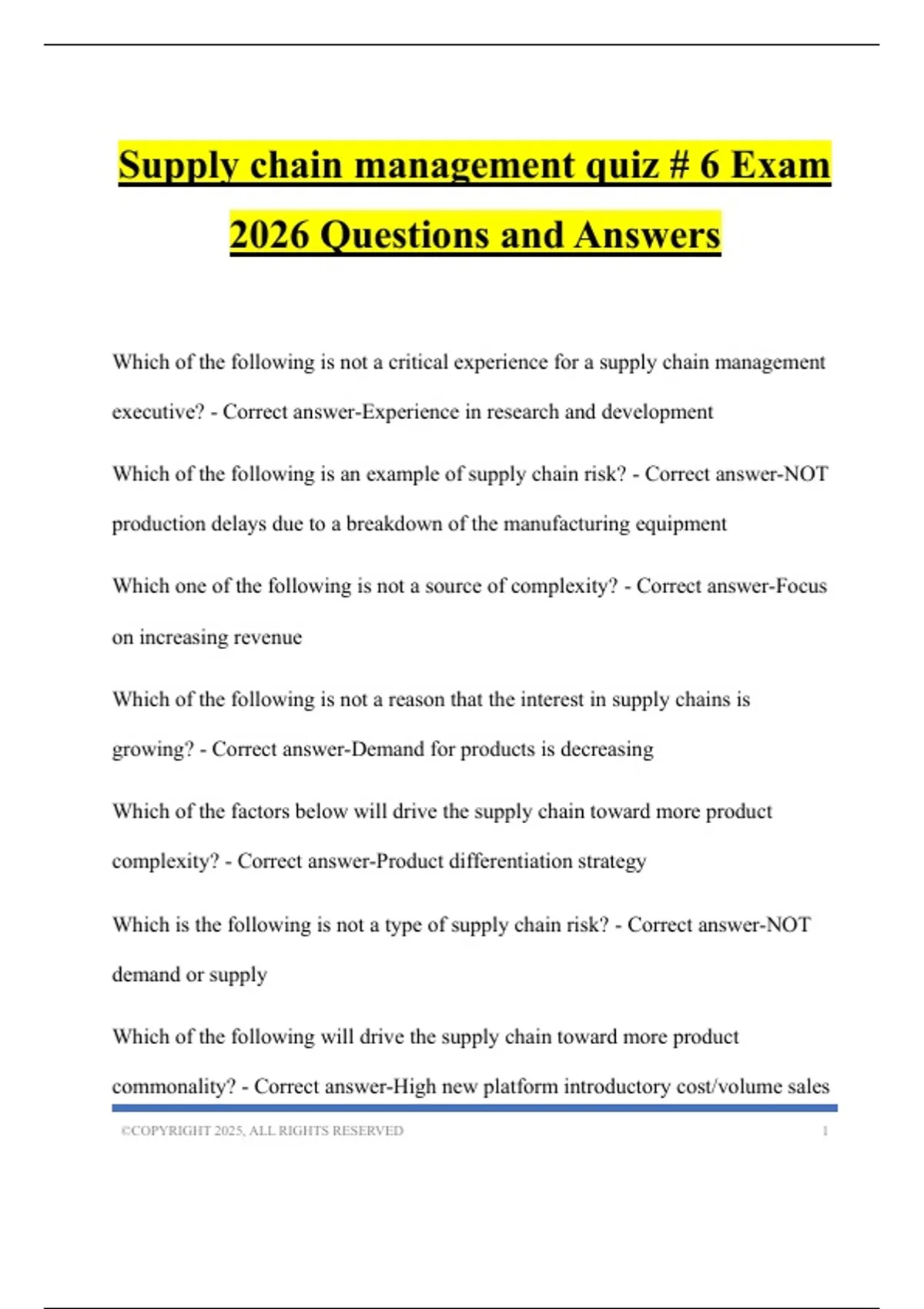 Suply Chain Assignment Question Supply chain management quiz # 6 Exam 2026 Questions and Answers - WPC ...
