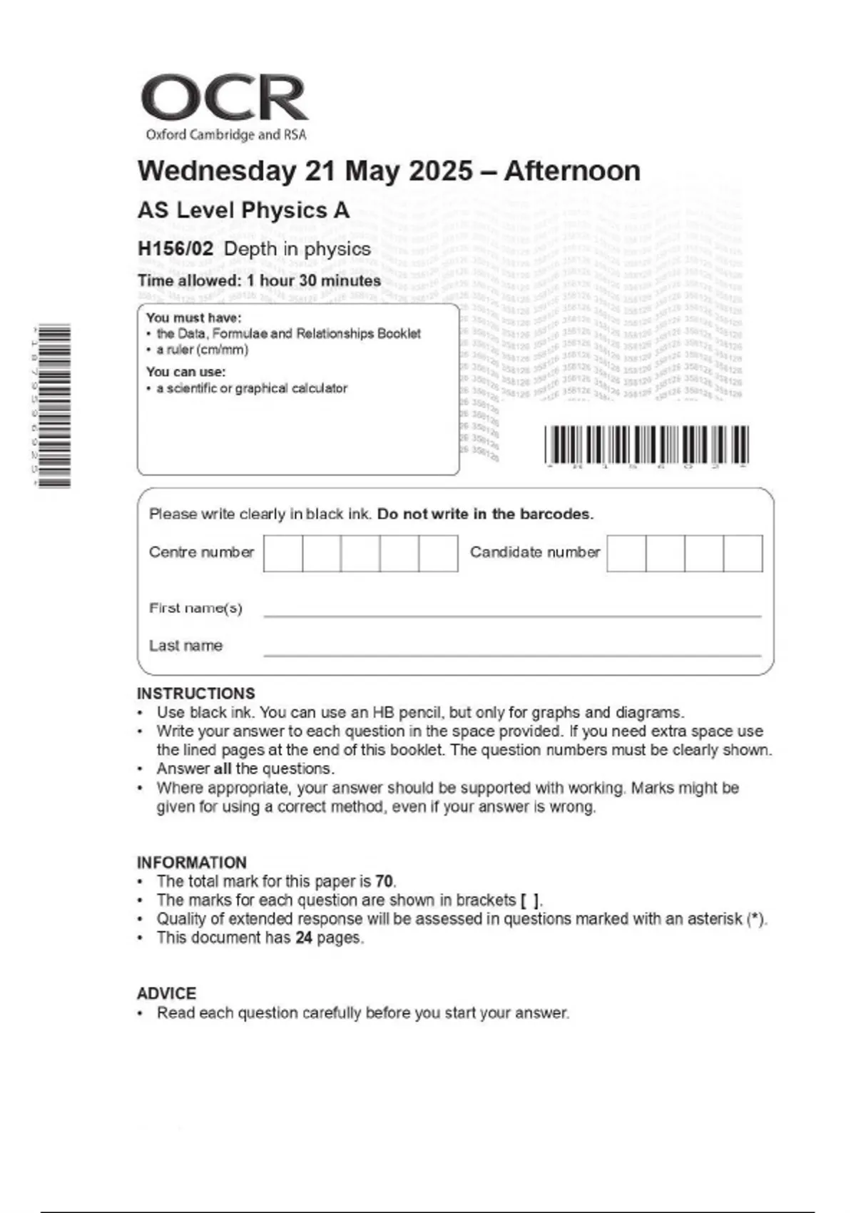 AS LEVEL JUNE 2025 OCR PHYSICS A PAPER 2 - AS LEVEL PHYSICS A - Stuvia US