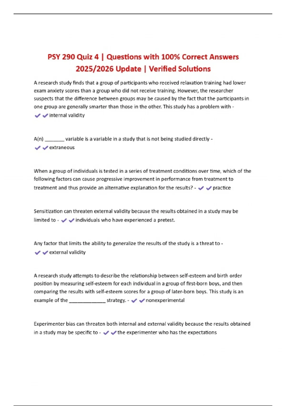 PSY 290 Quiz 4 | Questions with 100% Correct Answers 2025/2026 Update ...