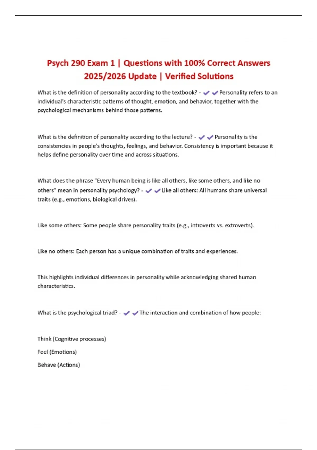 Psych 290 Exam 1 | Questions with 100% Correct Answers 2025/2026 Update ...