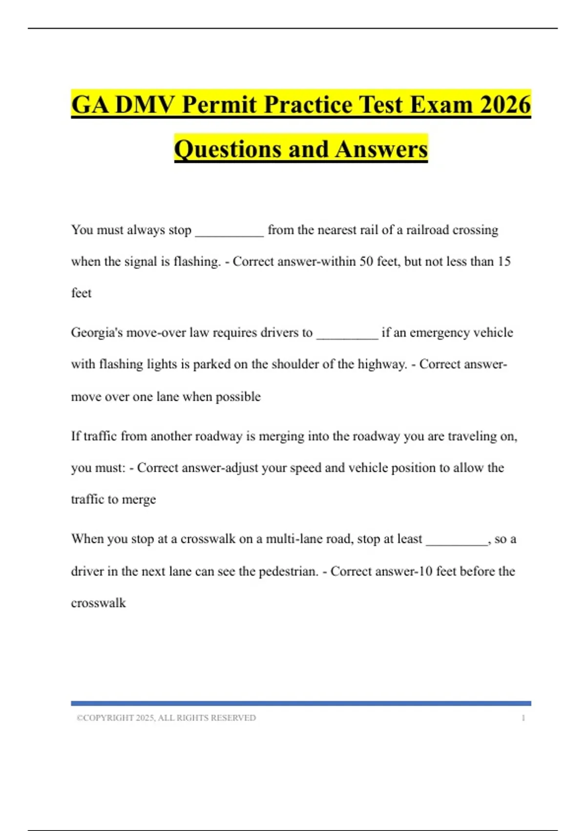 GA DMV Permit Practice Test Exam 2026 Questions and Answers - Georgia ...