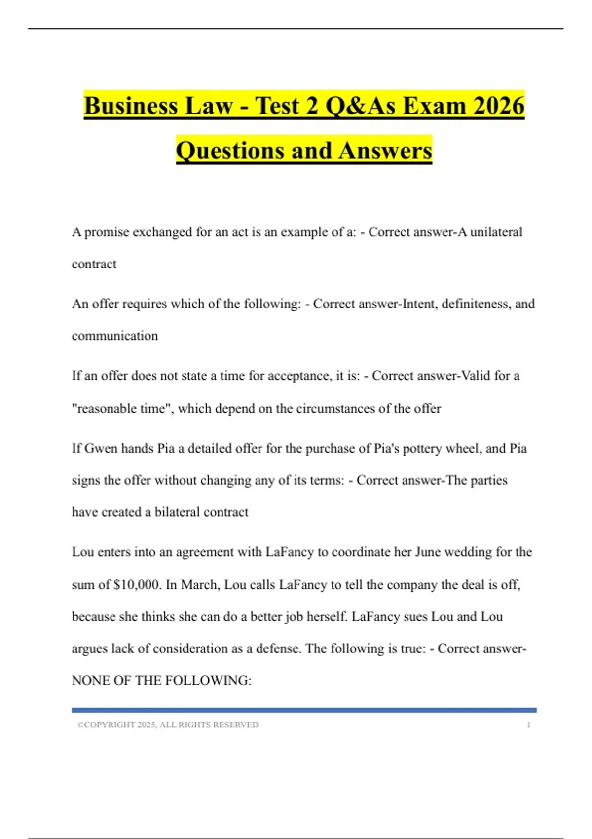 Business Law - Test 2 Q&As Exam 2026 Questions and Answers - Breeze ...