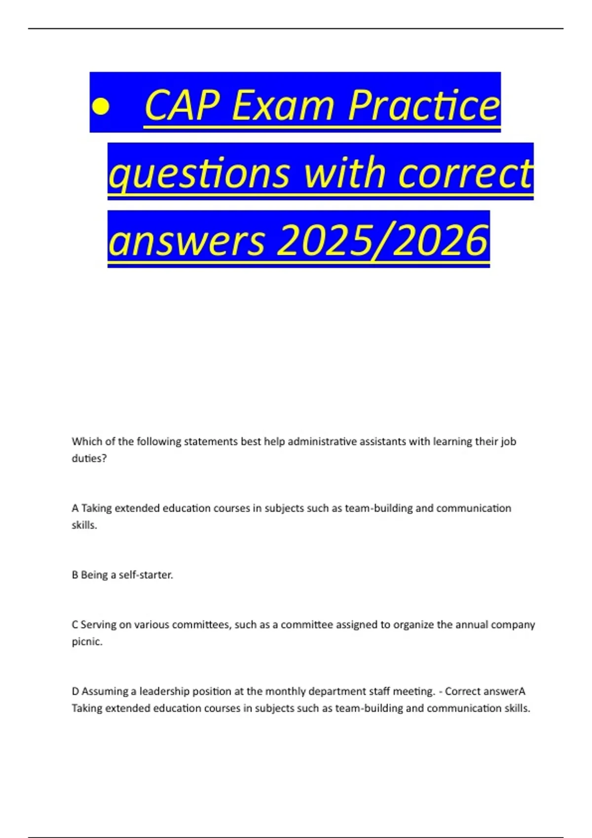 CAP Exam Practice questions with correct answers 2025/2026 - • CAP Exa ...