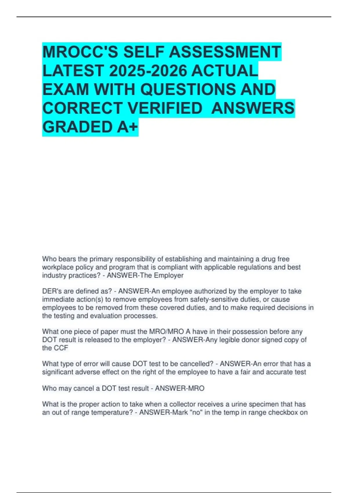 Mrocc MROCC'S SELF ASSESSMENT LATEST ACTUAL EXAM WITH QUESTIONS AND CORRECT ...