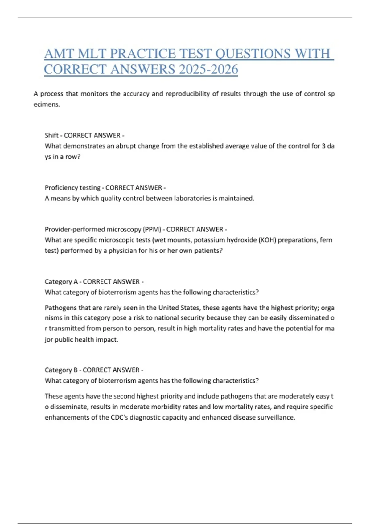 AMT MLT PRACTICE TEST QUESTIONS WITH CORRECT ANSWERS - AMT MLT PRACTICE ...