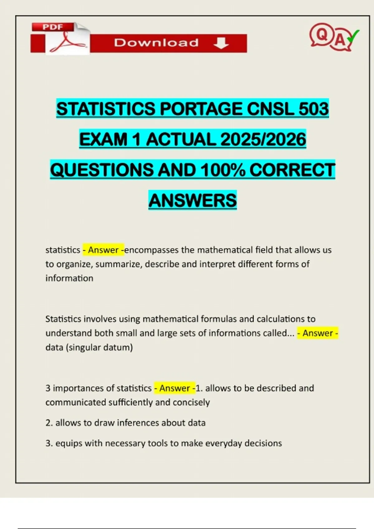 STATISTICS PORTAGE CNSL 503 EXAM 1 ACTUAL 2025/2026 QUESTIONS AND 100% ...