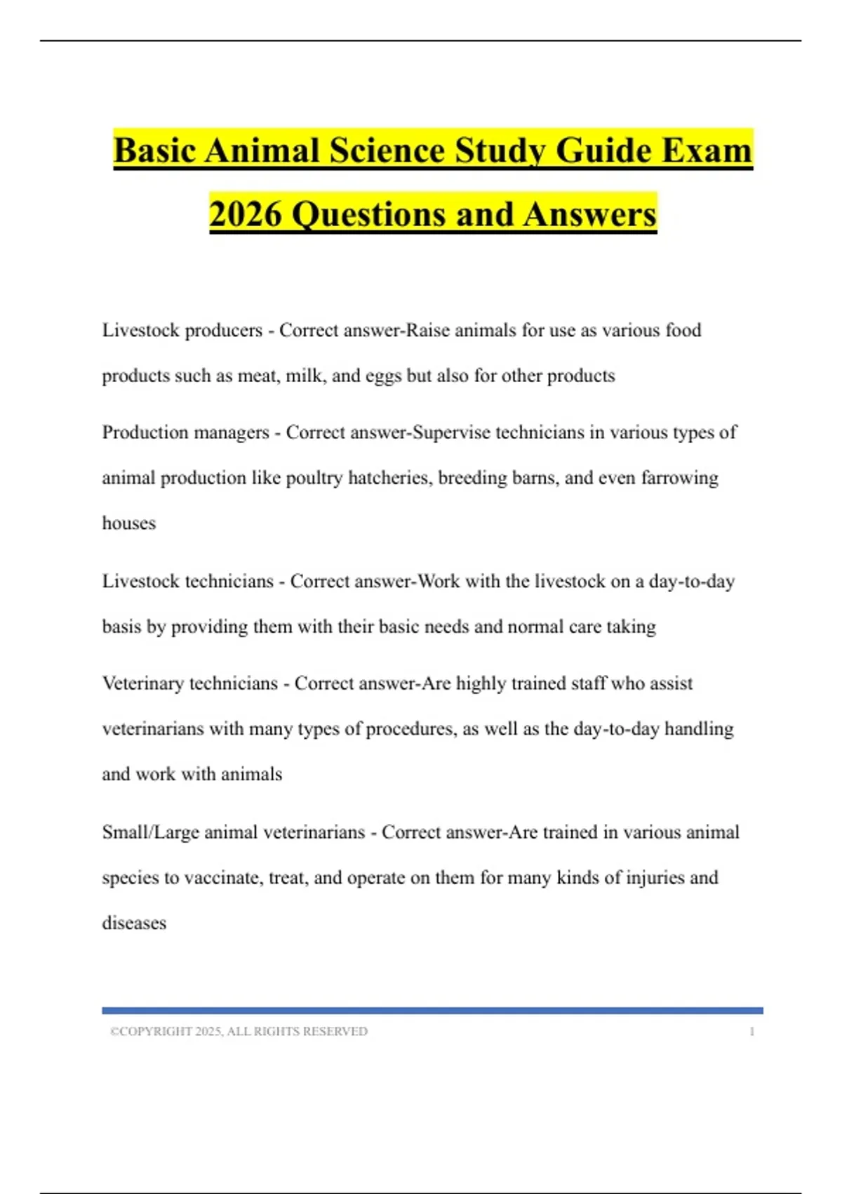 Basic Animal Science Study Guide Exam 2026 Questions and Answers ...