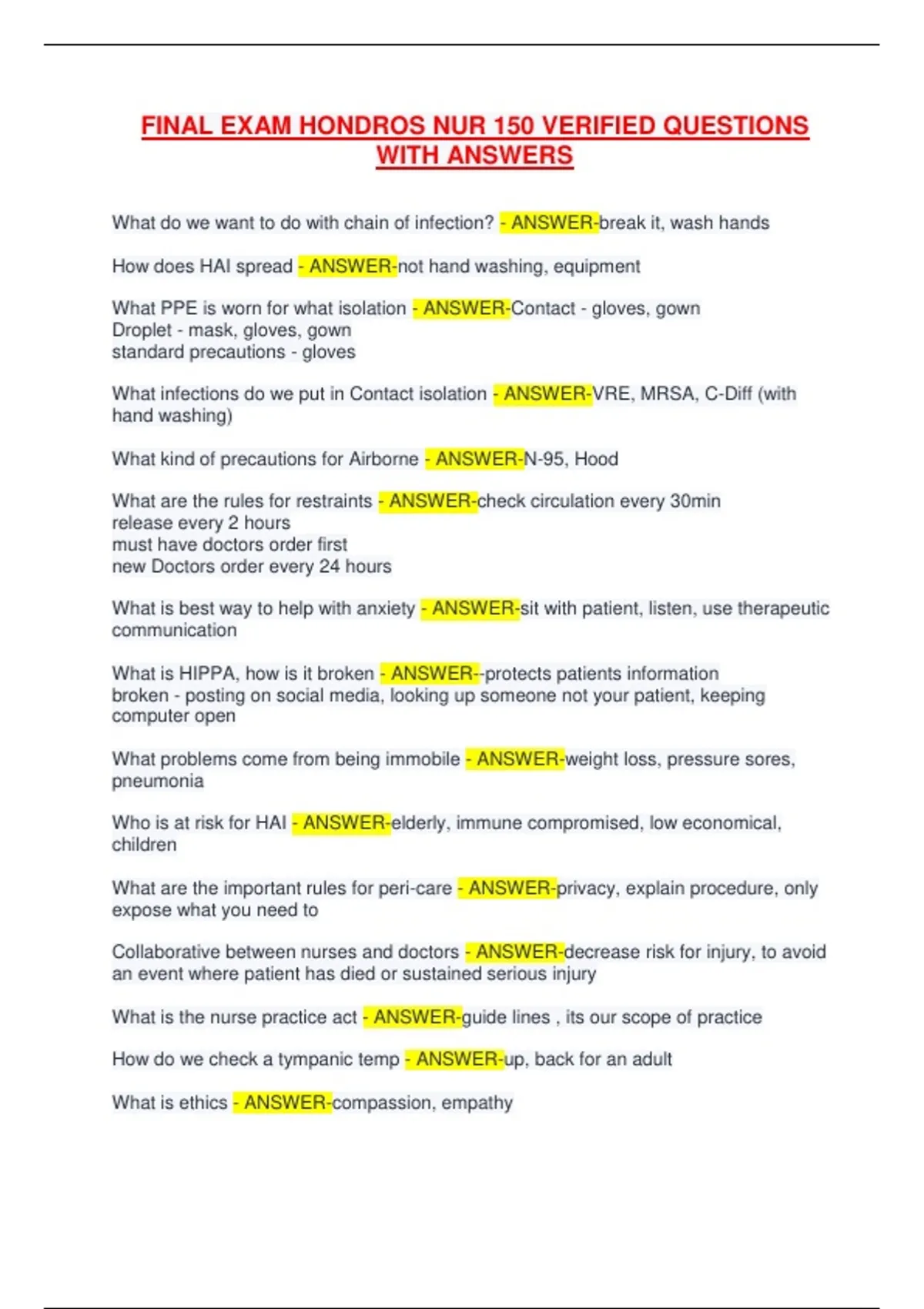 FINAL EXAM HONDROS NUR 150 VERIFIED QUESTIONS WITH ANSWERS - Nur 150 ...