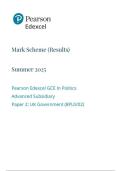 Pearson Edexcel GCE In Politics Advanced Subsidiary Paper 2&colon;UK Government &lpar;8PLO&sol;02&rpar; mark scheme june 2025